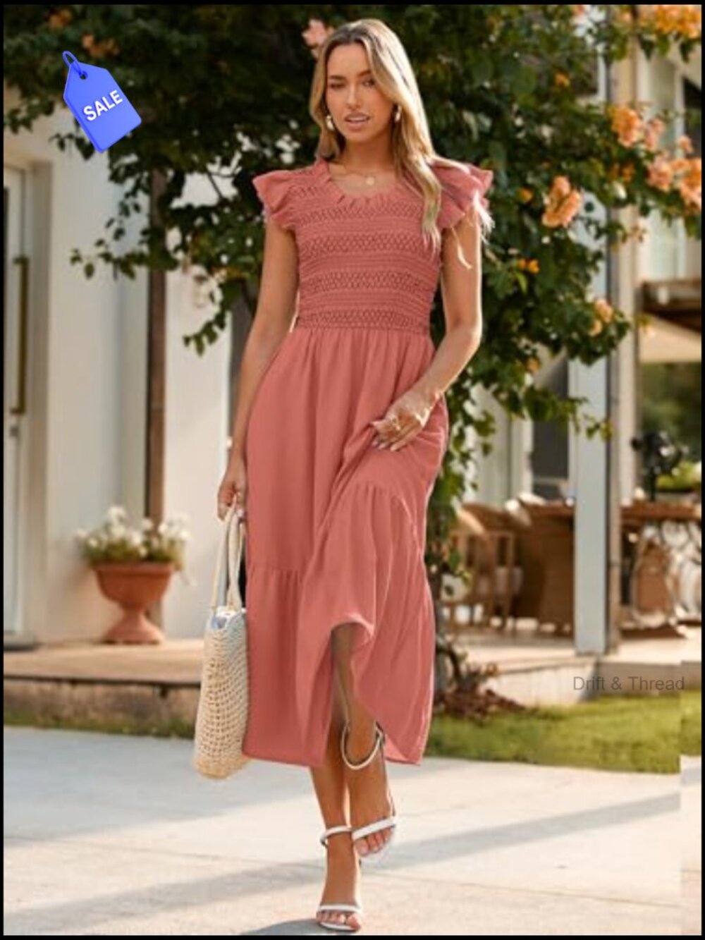 Women's Boho Smocked Waist Midi Dress with Pockets - Picture 6 of 6